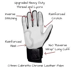 Bruce Bolt PREMIUM PRO Chrome Series Long Cuff Batting Gloves: Black -Baseball Sale Store LC CHRB PALM CALLOUTS