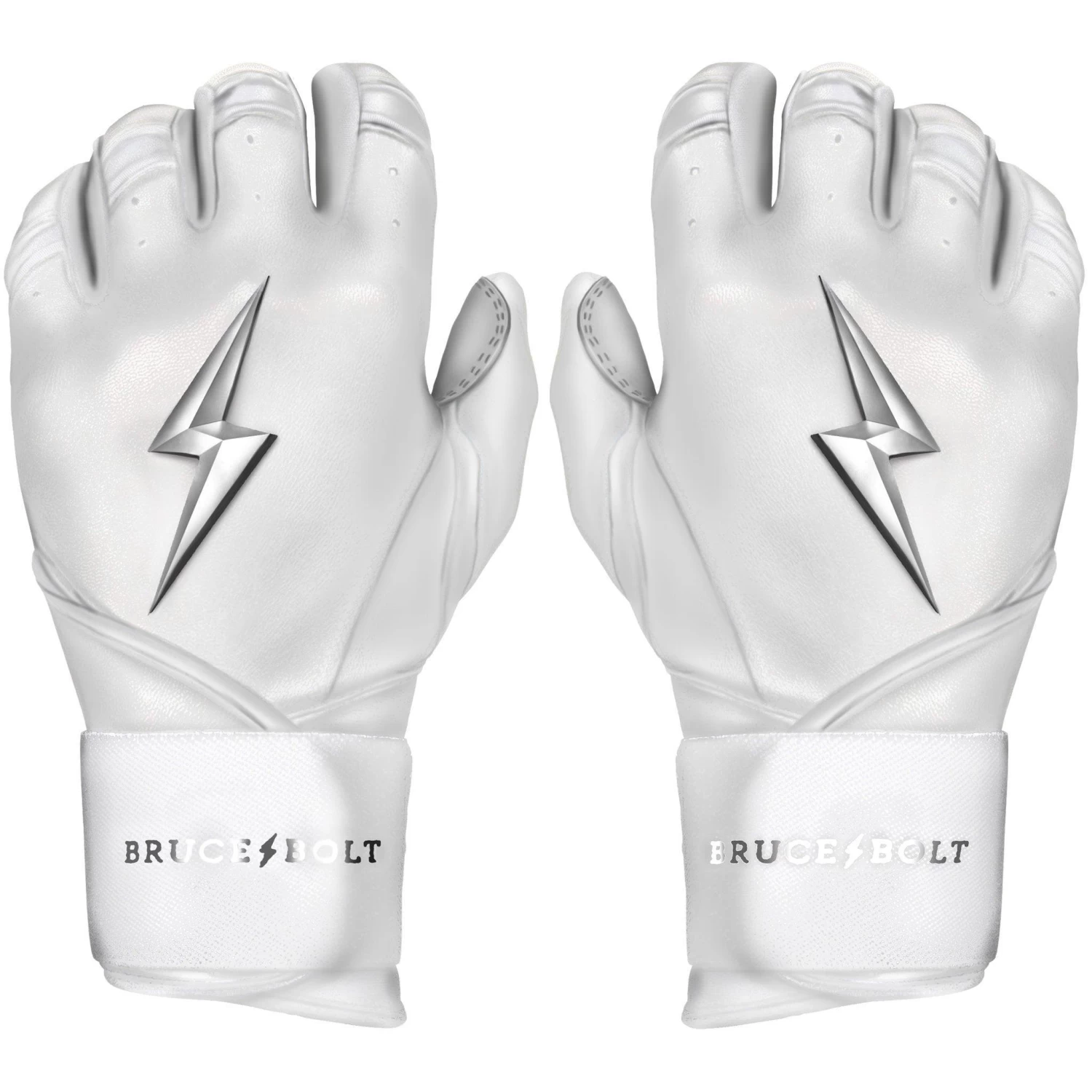 Bruce Bolt PREMIUM PRO Chrome Series Long Cuff Batting Gloves: White 1 Bruce Bolt PREMIUM PRO Chrome Series Long Cuff Batting Gloves: White